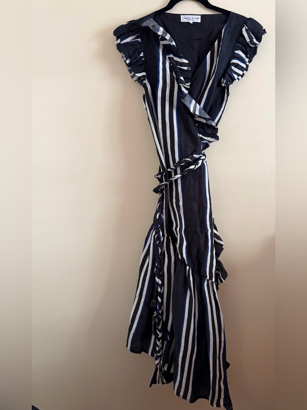 Apiece Apart Navy and White Striped Wrap Midi Dress